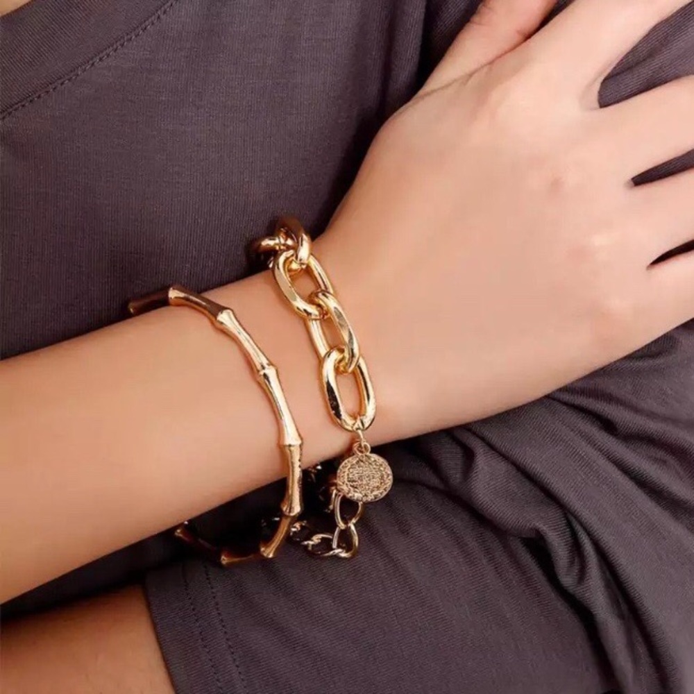 NEW 2/Pcs Set Gold Chain Punk Bangle Bracelet - Picture 1 of 7